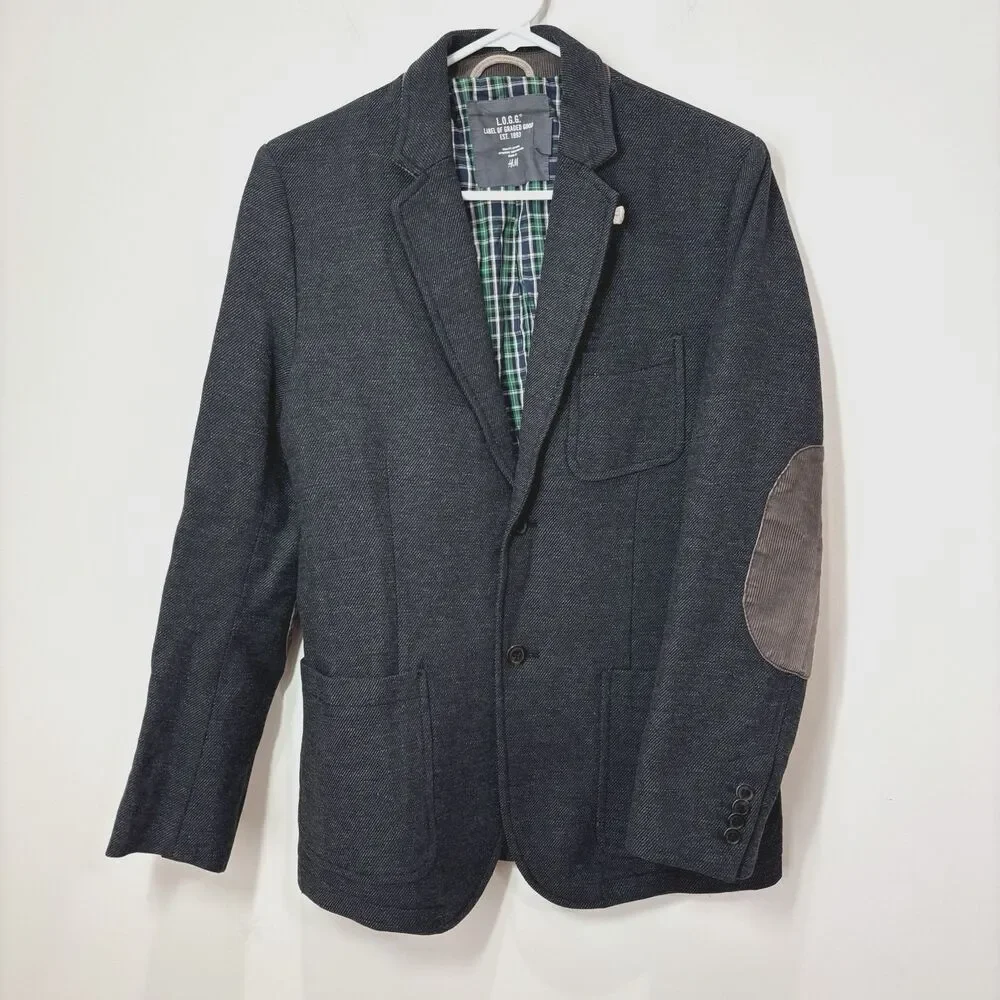 HM L.O.G.G. Wool Blend Blazer Men S Gray Elbow Patch Jacket Dark Academia Preppy